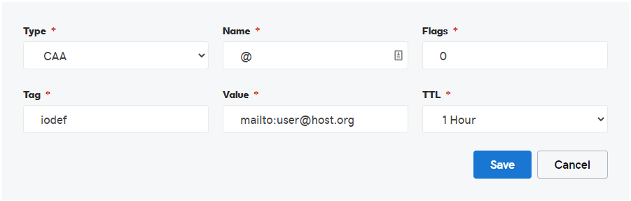 DNS CAA Record form screenshot